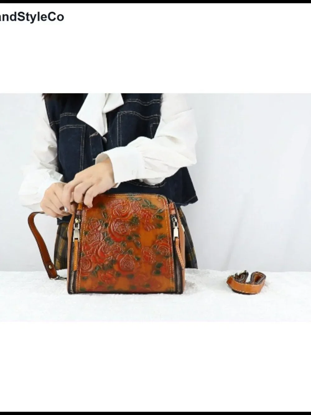 Leather Crossbody Bag Satchel Handbag with Embossed Rose Pattern
